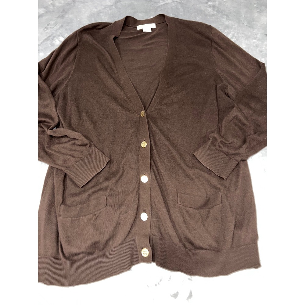 Michael Kors Brown V-Neck Button Front Cardigan Gold Logo Buttons 2X